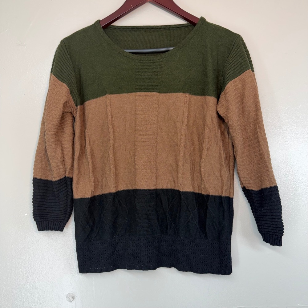 Womens Colorblock Cable Knit Sweater Green Tan Black Crew Neck Long Sleeve